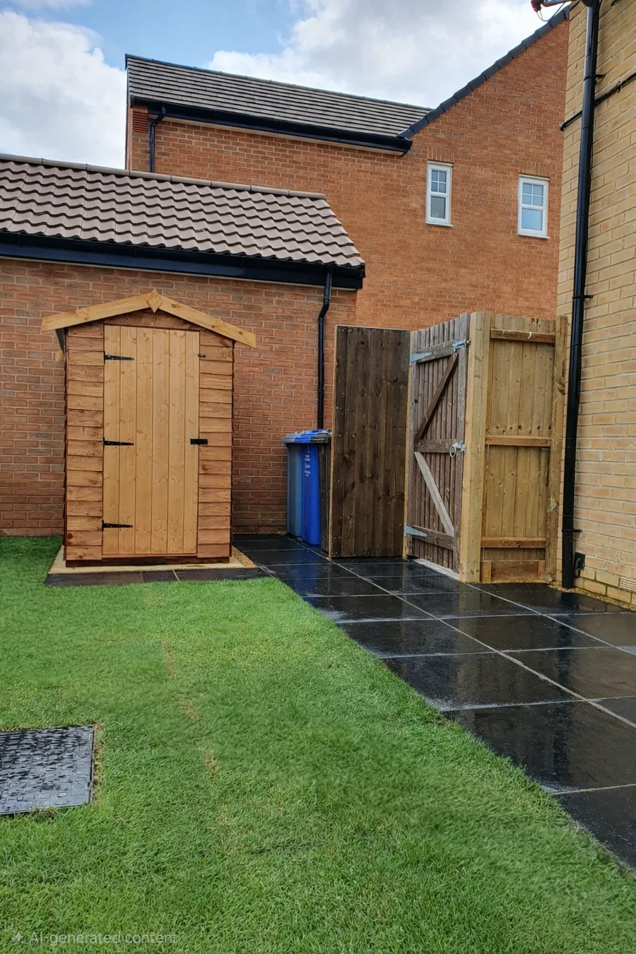 Black porcelain paving beside a garden shed and lawn