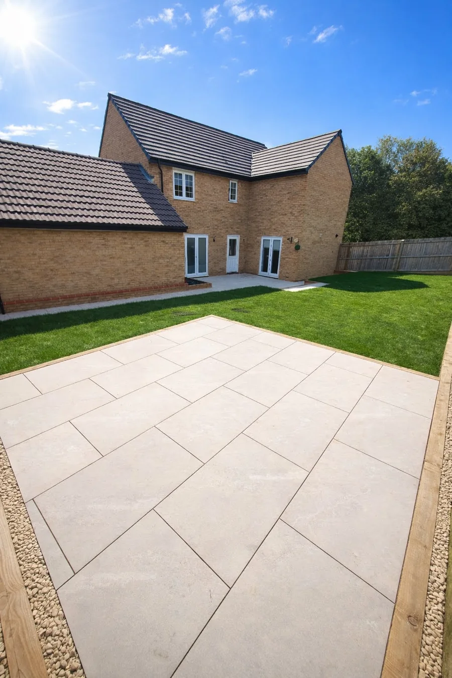 Light sandstone patio with neat lawn edging
